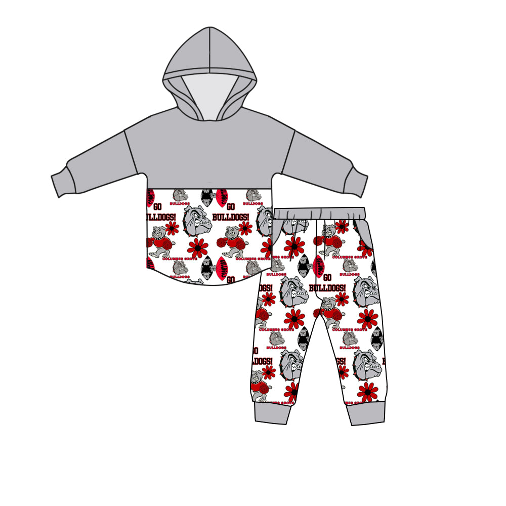 (Custom Design Preorder MOQ 5) Team's Bulldogs Hoodie Top Pockets Pants Kids Clothes Set