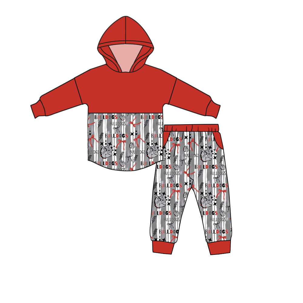 (Custom Design Preorder MOQ 5) Team's Bulldogs Bows Hoodie Top Pockets Pants Kids Clothes Set