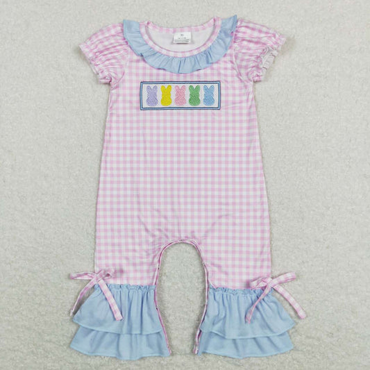 SR0689 Colorful Bunny Embroidery Pink Plaid Baby Girls Easter Romper