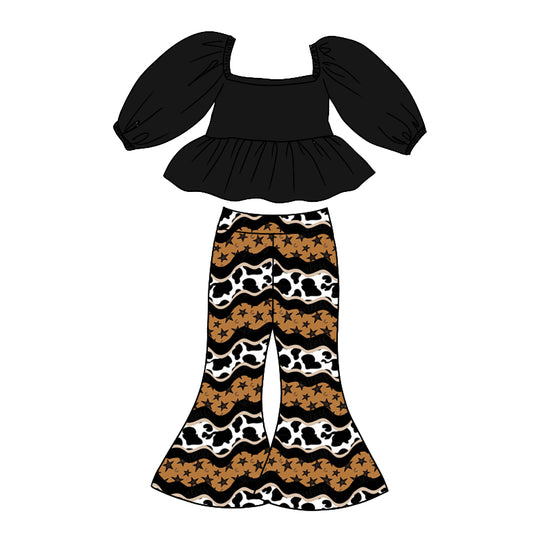 (Custom Design Preorder MOQ 5)  Black Top Cow Print Bell Pants Girls Clothes Set