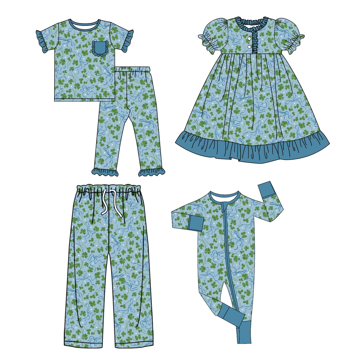 (Custom Design Preorder MOQ 5 Each Design) Leaf Blue Print Family St. Patrick's Day Matching Clothes