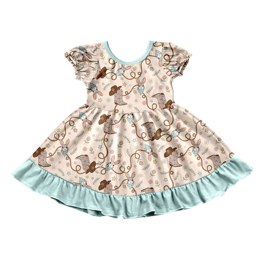 (Custom Design Preorder MOQ 5) Bunny Boots Print Girls Western Easter Knee Length Dress