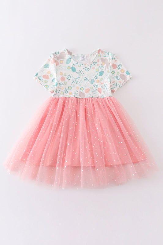 (Custom Design Preorder MOQ 5) Bunny Flowers Print Girls Easter Knee Length Tulle Dress