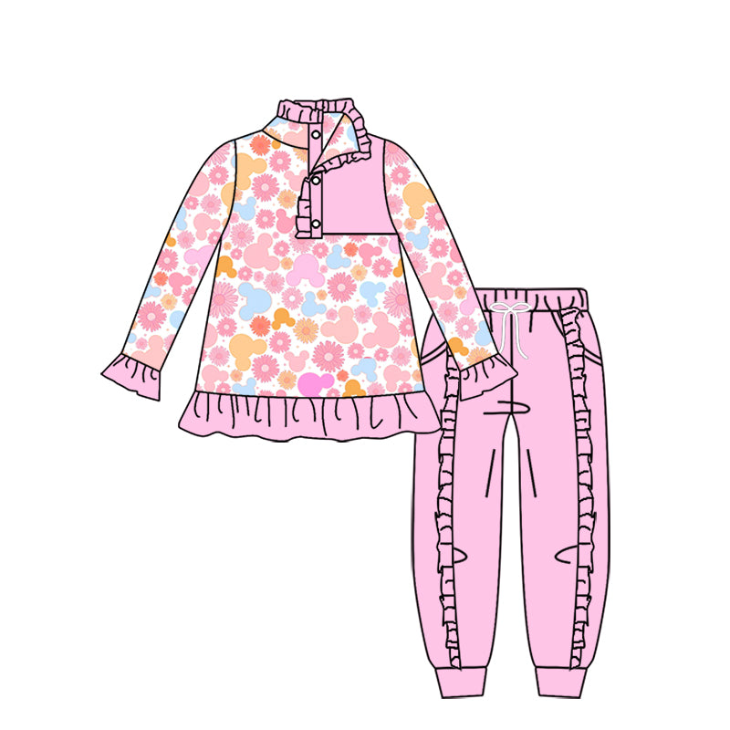 11.16(Custom Design Preorder MOQ 5) Cartoon Mouse Flowers Pullover Top Pink Pants Girls Fall Clothes Set