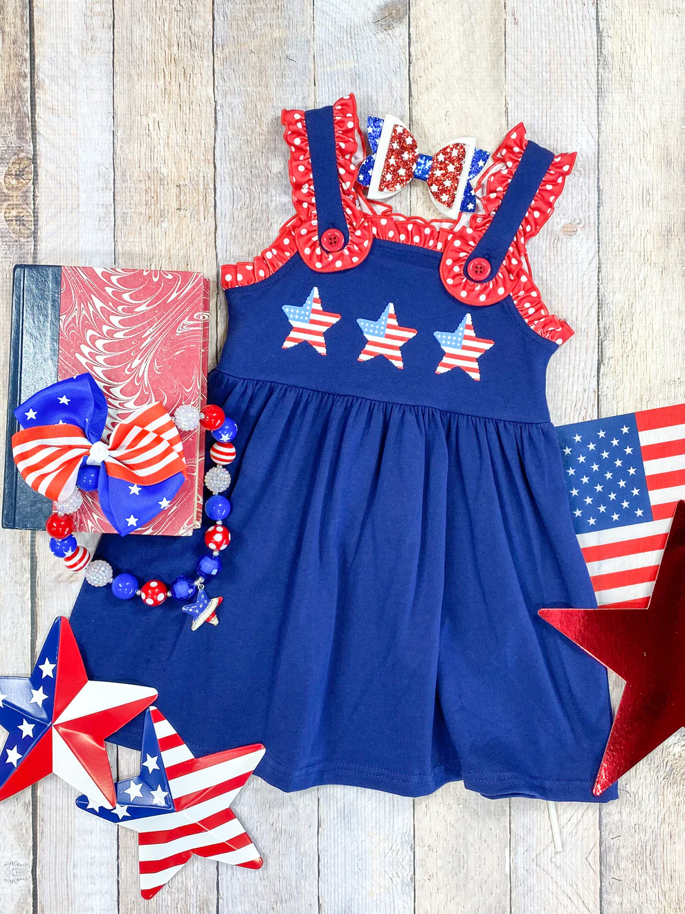 (Custom Design Preorder MOQ 5) Flag Blue Print Girls 4th of July Knee Length Dress