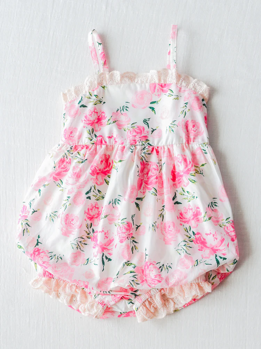 (Custom Design Preorder MOQ 5) Pink Flowers Print Ruffle Baby Girls Summer Romper