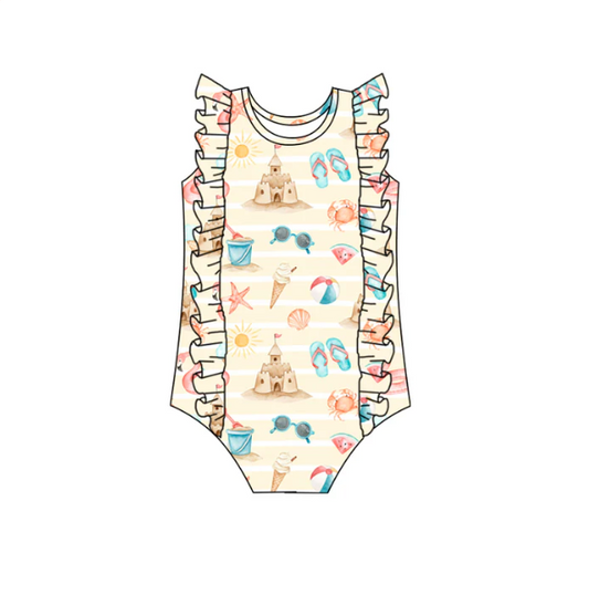 (Custom Design Preorder MOQ 5)  Beach Castle Print Girls 1 Piece Swimsuits