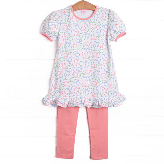 (Custom Design Preorder MOQ 5) Colorful Bows Stripes Tunic Top Legging Pants Girls Clothes Set