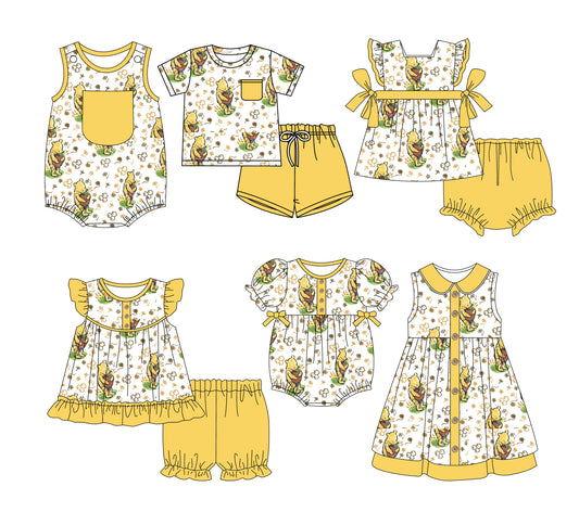 3.3(Custom Design Preorder MOQ 5 Each Design) Cartoon Bear Pooh Yellow Print Kids Summer Matching Clothes Sibling Wear