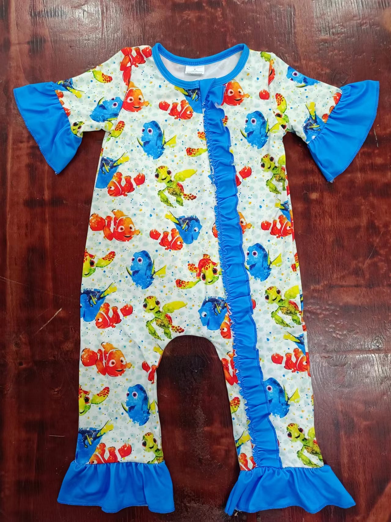 (Custom Design Preorder MOQ 5) Cartoon Fish Print Baby Girls Sleeper Zipper Romper