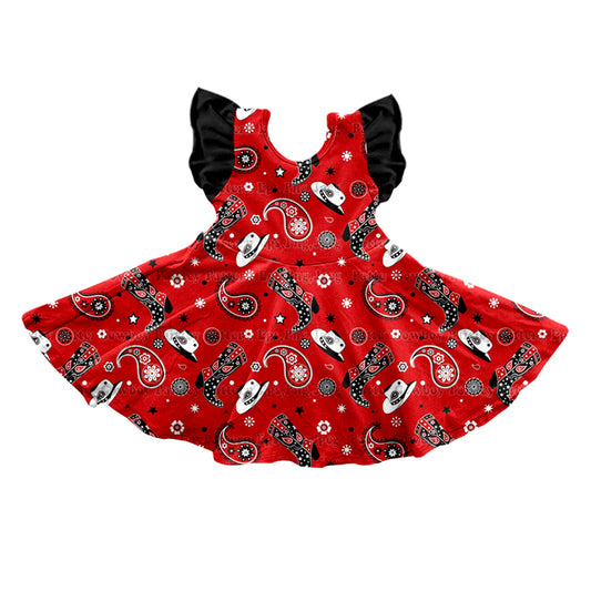 (Custom Design MOQ 5) Red Paisley Print Girls Western Dress