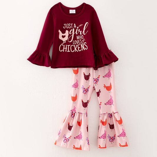 (Custom Design Preorder MOQ 5) Just A Girl Who Loves Chicken Print Bell Pants Girls Fall Clothes Set