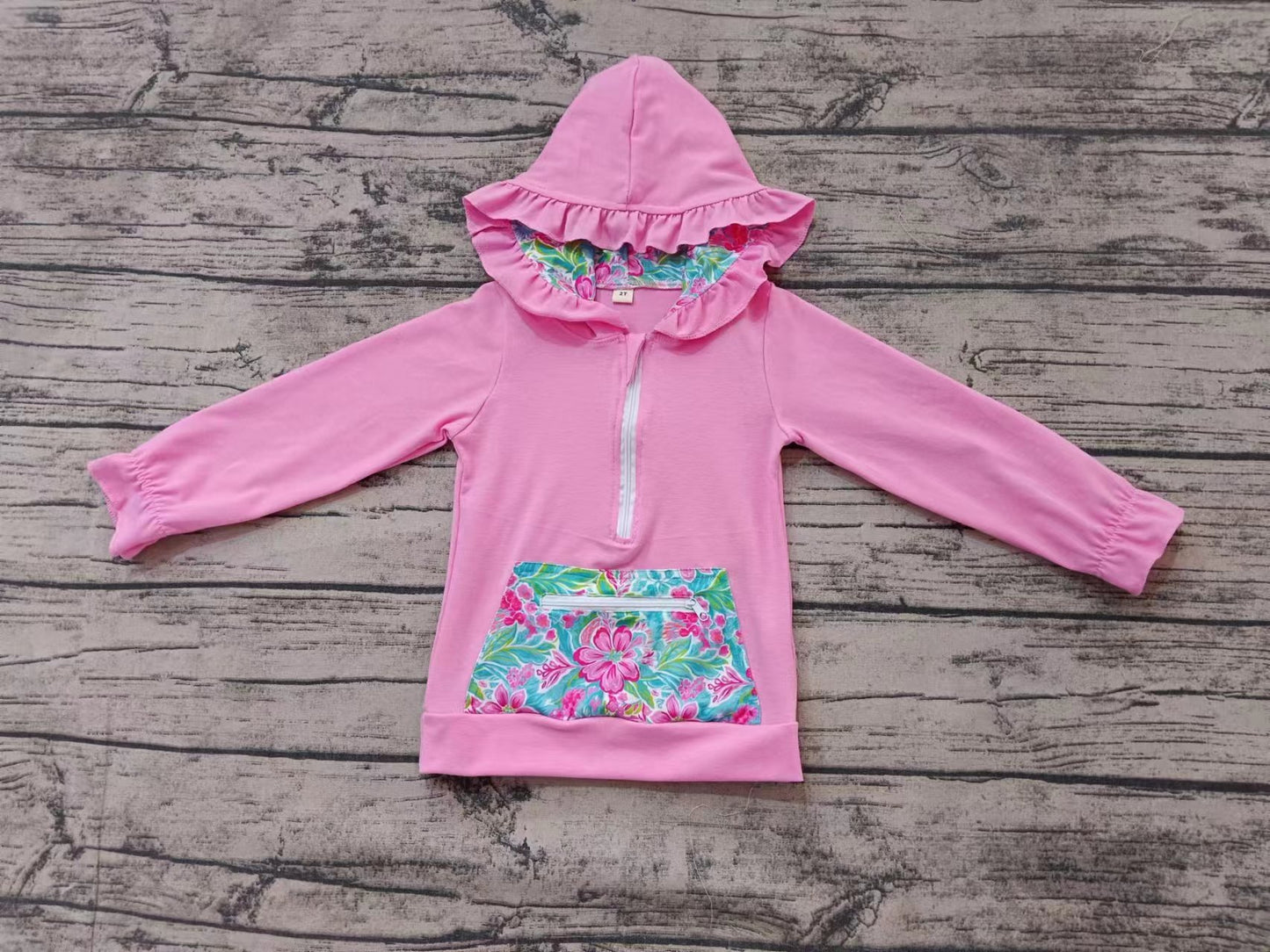 (Custom Design Preorder MOQ 5)  Flowers Print Pink Color Girls Hoodie Zipper Top