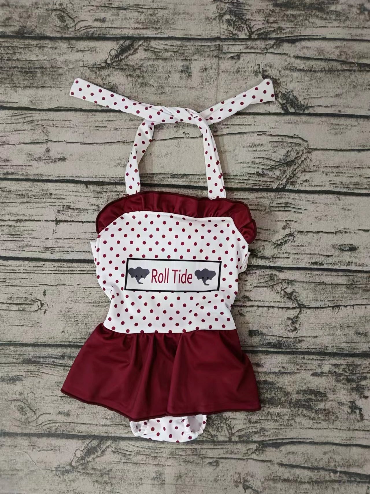 (Custom Design Preorder MOQ 5) Team's Elephant Wine Polka Dot Print Girls 1 Piece Swimsuits