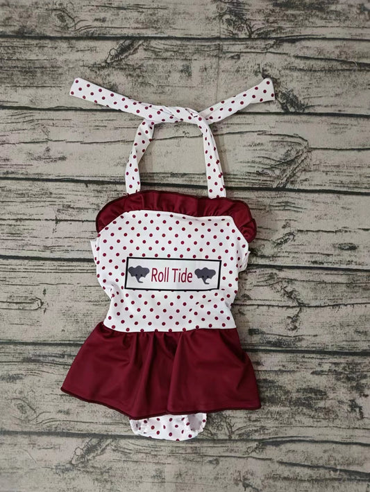 (Custom Design Preorder MOQ 5) Team's Elephant Wine Polka Dot Print Girls 1 Piece Swimsuits