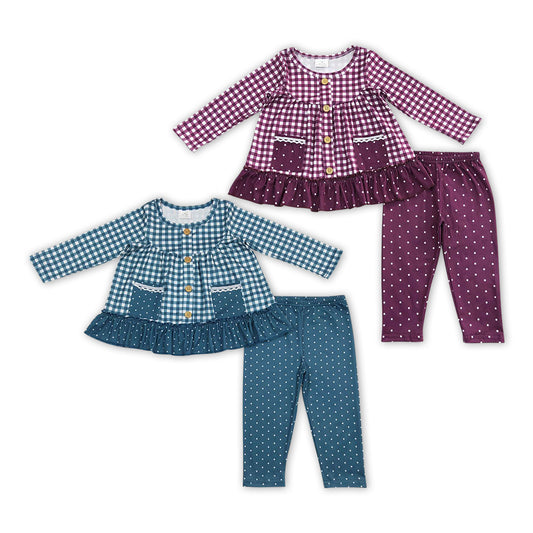 2 Colors Plaid Tunic Top Legging Pants Girls Fall Clothes Set Sisters Wear