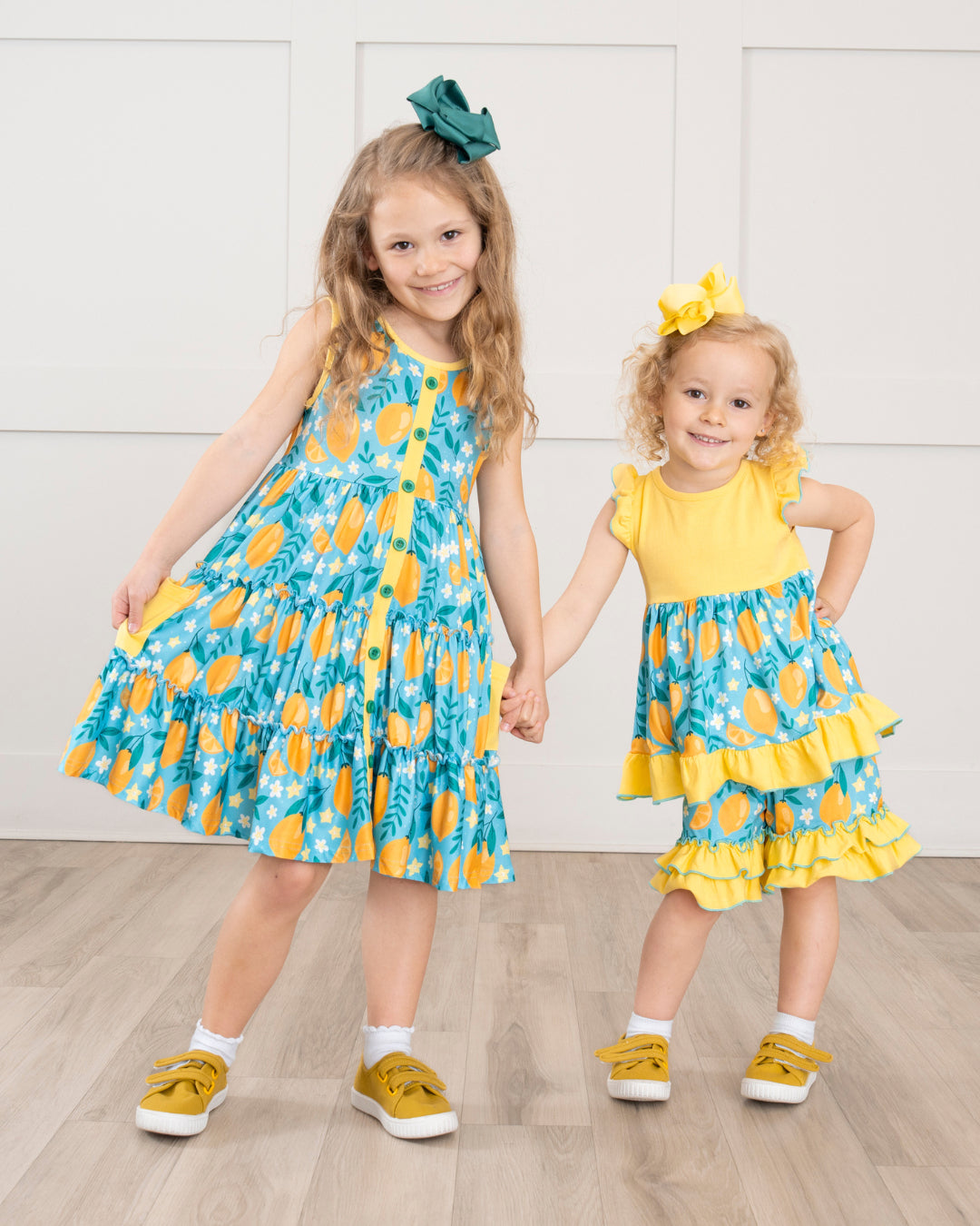 (Custom Design Preorder MOQ 5 Each Design) Lemon Flowers Print Girls Summer Matching Clothes Sisters Wear
