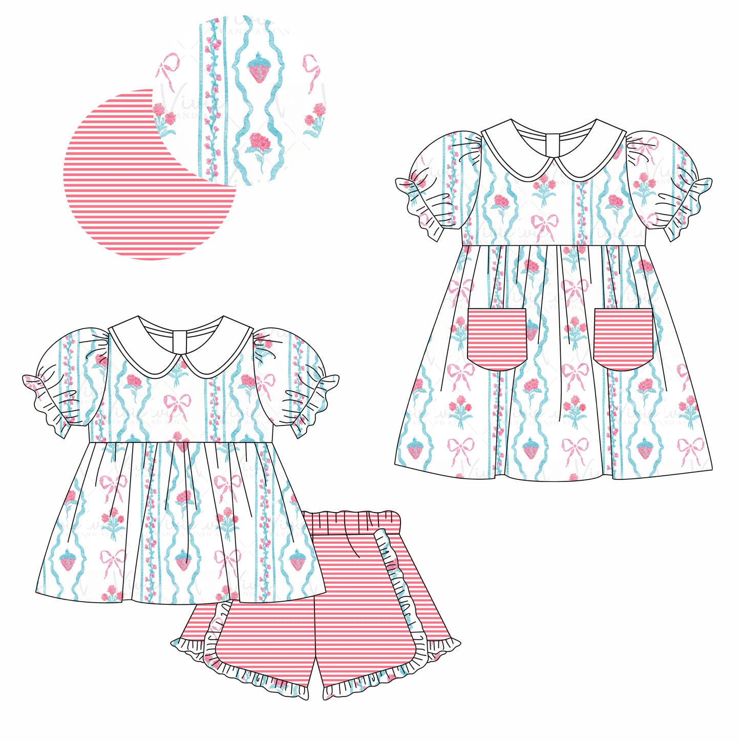 11.7(Custom Design Preorder MOQ 5 Each Design) Flowers Bows Print Girls Summer Matching Clothes Set Sisters Wear