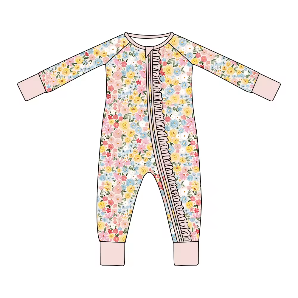 (Custom Design Preorder MOQ 5) Colorful Flowers Print Baby Girls Fall Sleeper Zipper Romper