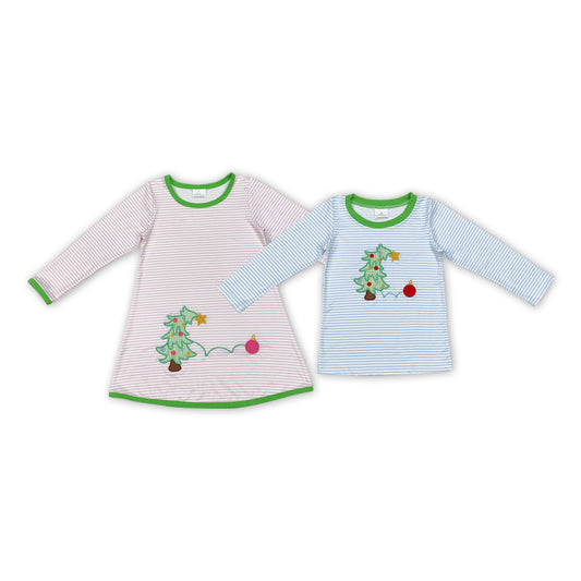 Tree Embroidery Stripes Print Sibling Christmas Matching Clothes