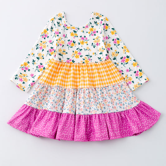 (Custom Design Preorder MOQ 5) Pink Orange Flowers Print Girls Long Sleeve Knee Length Dress