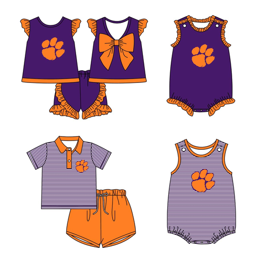 (Custom Design Preorder MOQ 5 Each Design) Team's Clemson Print Kids Summer Matching Clothes Sibling Wear