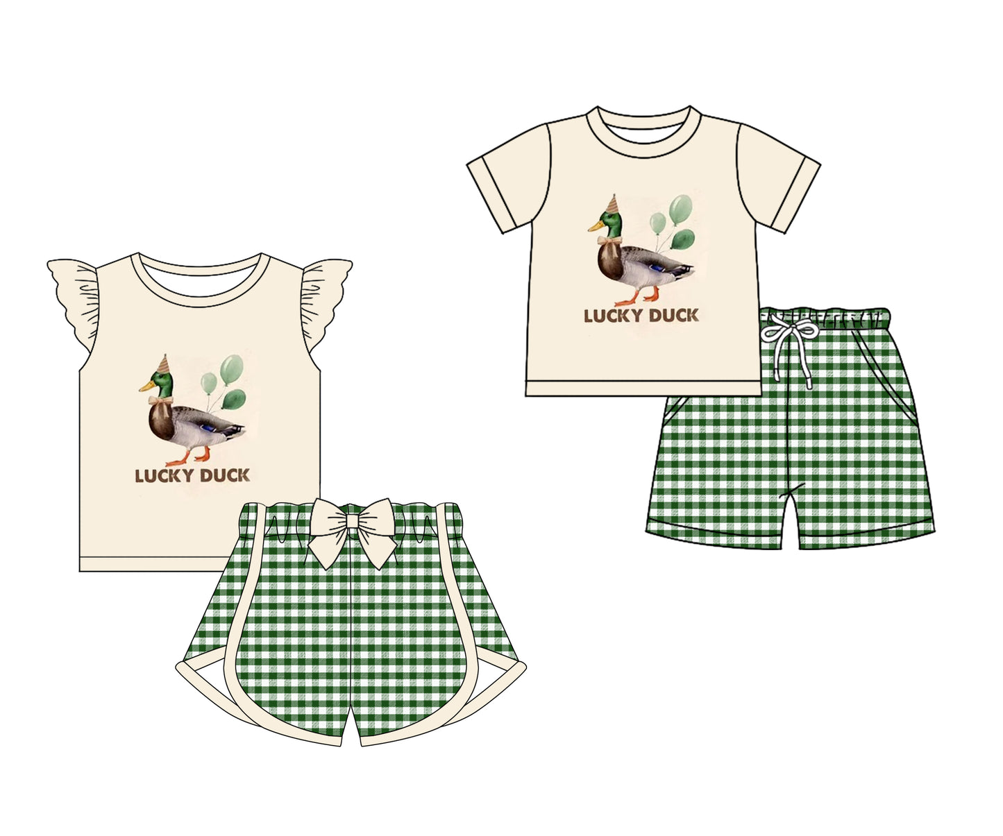 12.13(Custom Design Preorder MOQ 5 Each Design) Lucky Duck Green Print Kids Happy Birthday Matching Clothes Sibling Wear