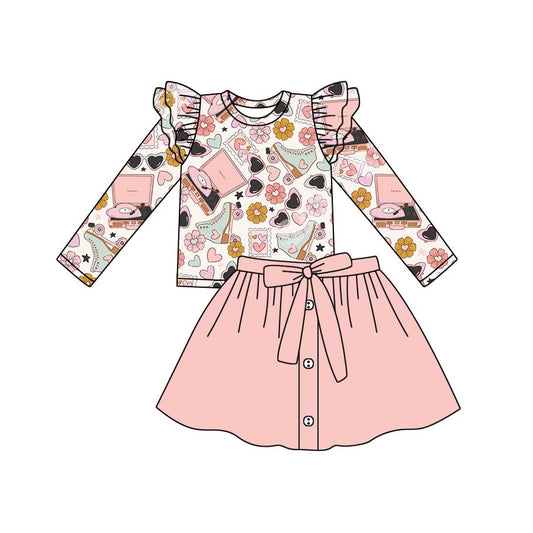 (Custom Design Preorder MOQ 5) Roller Skates Flowers Heart Top Light Pink Skirts Girls Valentine's Day Clothes Set