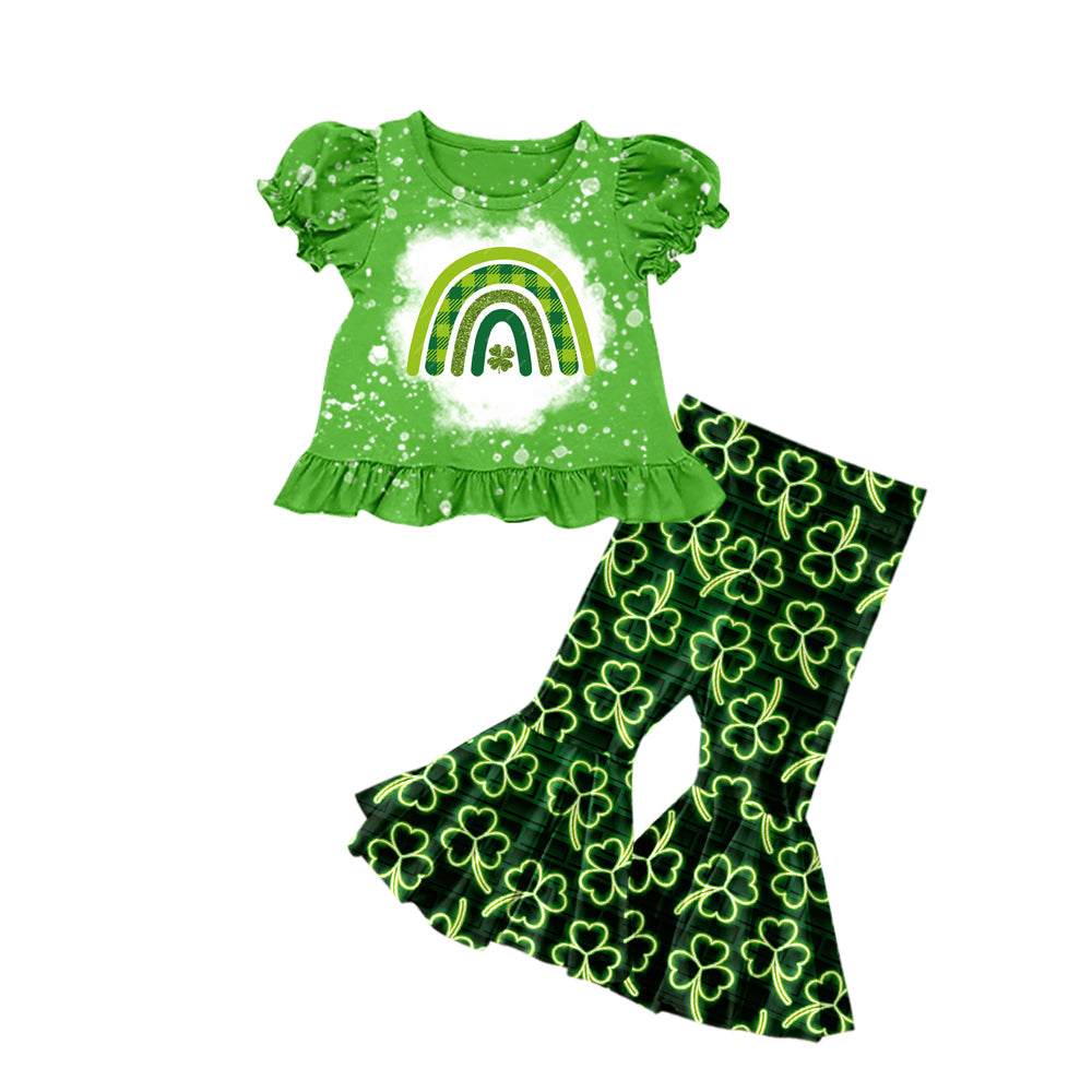 (Custom Design Preorder MOQ 5) Green Quatrefoil Rainbow Print Girls St. Patrick's Clothes Set