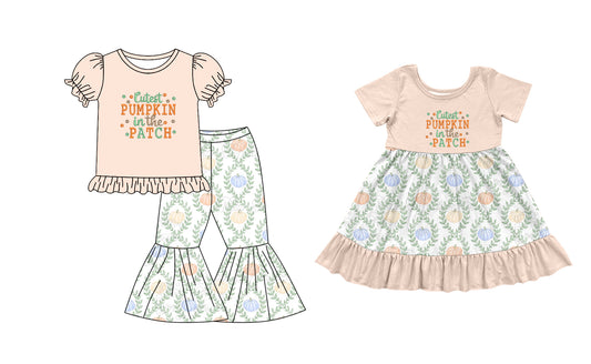 5.23(Custom Design Preorder MOQ 5 Each Design) Pumpkin Patch Print Girls Fall Matching Clothes Sisters Wear