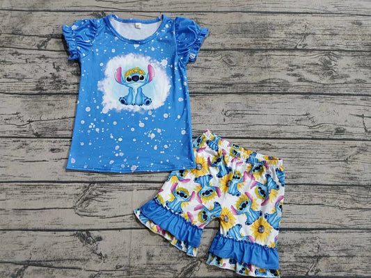 (Custom Design Preorder MOQ 5) Cartoon Animals Blue Sunflowers Print Girls Summer Clothes Set