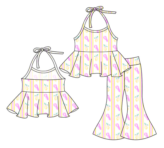 (Pre-order)GSPO1977 Crayfish Lemon Print Halter Top Bell Pants Girls Clothes Set