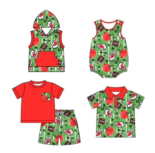 2.24(Custom Design Preorder MOQ 5 Each Design)  Team's Chiefs KC Green Print Boys Summer Matching Clothes Brothers Wear