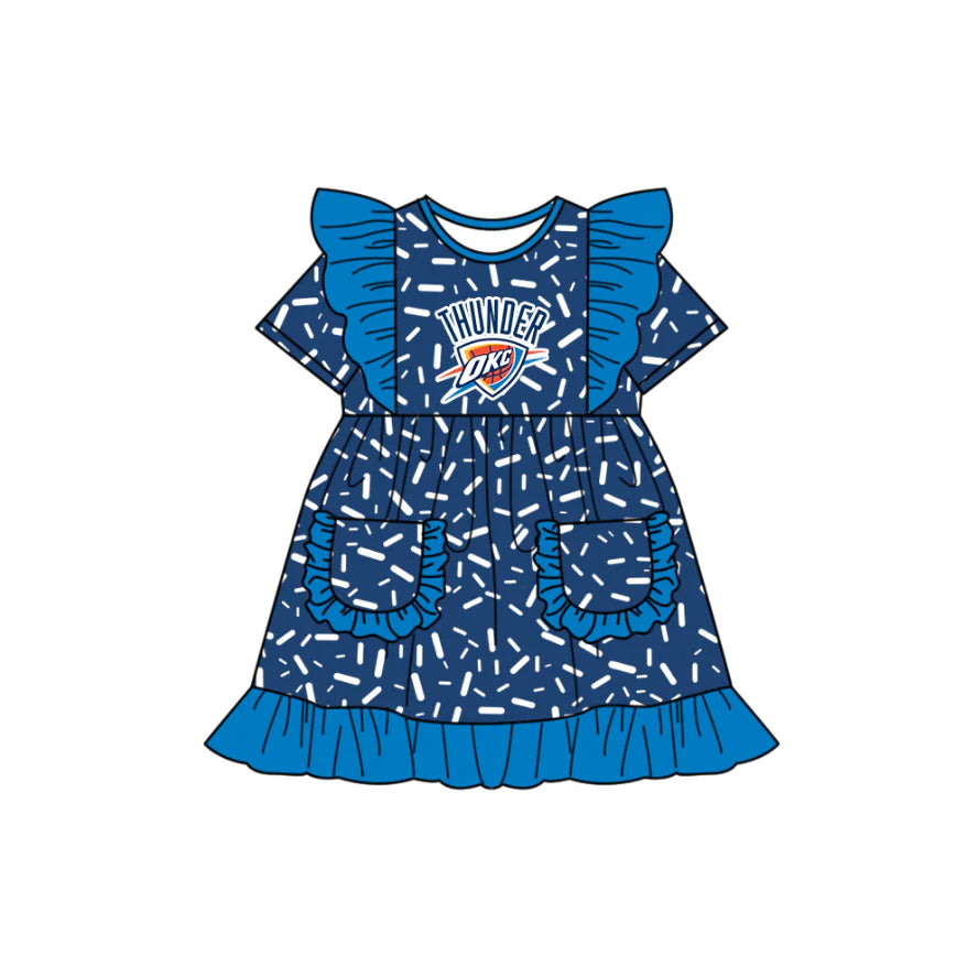 (Custom Design Preorder MOQ 5) Team's THUNDER Sprinkles Print Pockets Girls Summer Knee Length Dress