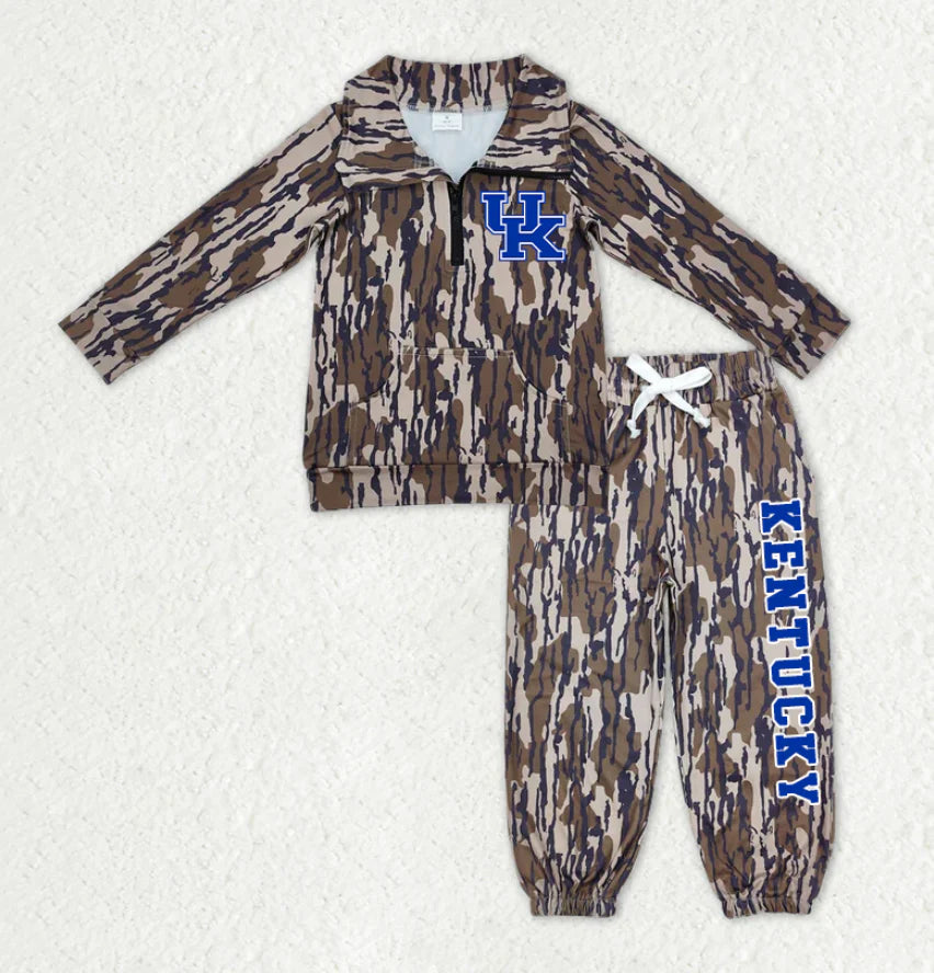 (Custom Design Preorder MOQ 5) Team's Kentucky Camo Print Zipper Pullover Top Pockets Pants Kids Fall Clothes Set
