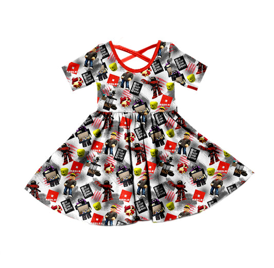 (Custom Design MOQ 5)Red Game Design Girls Knee Length Dress