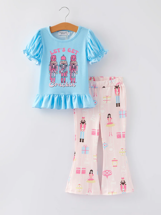 (Custom Design Preorder MOQ 5) Nutcracker Soldier Blue Top Pink Pants Girls Christmas Clothes Set