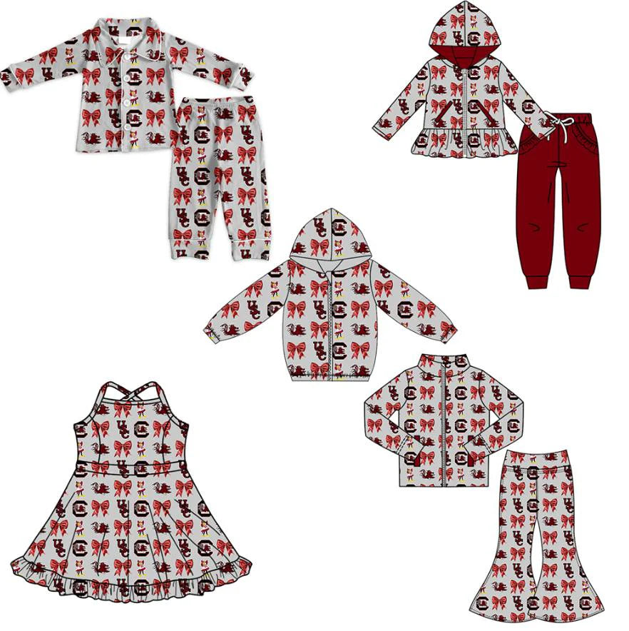 (Custom Design Preorder MOQ 5 Each Item)Team's Gamecock Bows Print Girls Matching Clothes