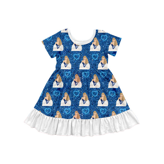 12.10(Custom Design Preorder MOQ 5) Singer Swiftie Heart Blue Print Girls Summer Knee Length Dress