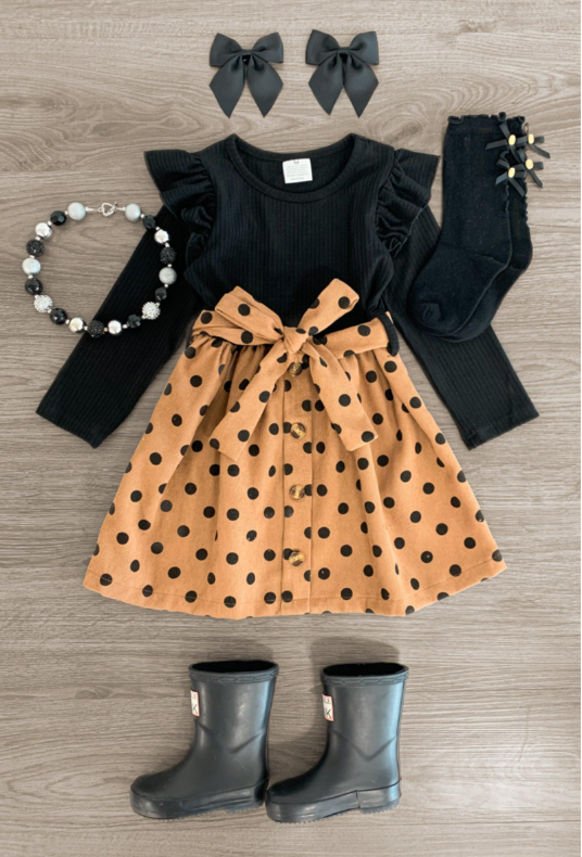 (Custom Design MOQ 5) Black Top Dots Girls Fall Knee Length Dress