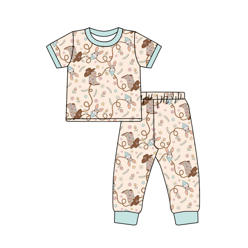 (Custom Design Preorder MOQ 5) Bunny Boots Print Girls Western Easter Bamboo Pajamas Clothes Set