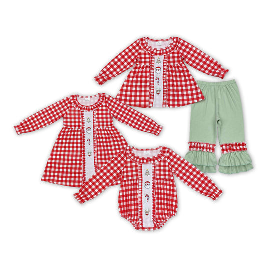 Santa Candy Cane Embroidery Plaid Print Sisters Christmas Matching Clothes