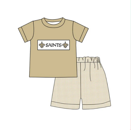 (Custom Design Preorder MOQ 5) Team's SAINTS Top Plaid Shorts Boys Summer Clothes Set