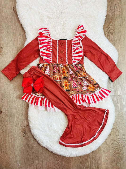 (Custom Design Preorder MOQ 5) Gingerbread Red Tunic Top Bell Pants Girls Christmas Clothes Set