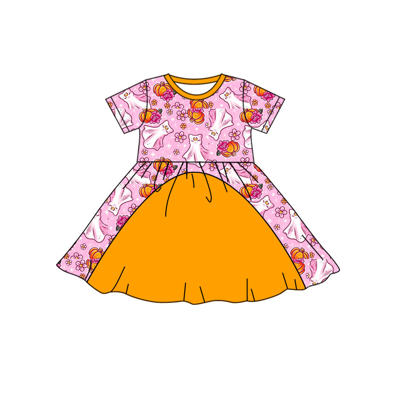 (Custom Design Preorder MOQ 5) Ghost Pumpkin Flowers Print Girls Knee Length Halloween Dress