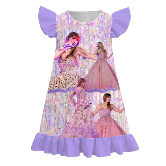 (Custom Design Preorder MOQ 5)  Singer Swiftie Purple Print Girls Knee Length Summer Dress