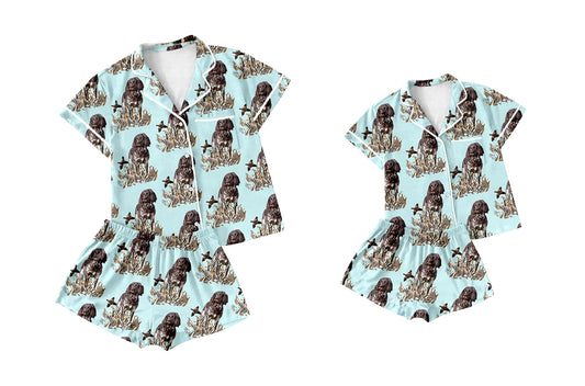 11.27(Custom Design Preorder MOQ 5 Each Design) Dog Duck Hunting Print Buttons Pajamas Sets Mom and Me Summer Matching Clothes