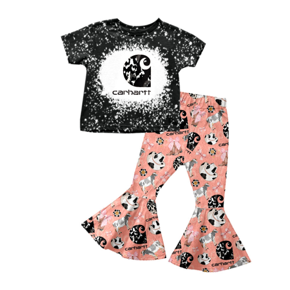 (Custom Design Preorder MOQ 5) Black Top Cows Bows Bell Pants Girls Clothes Set