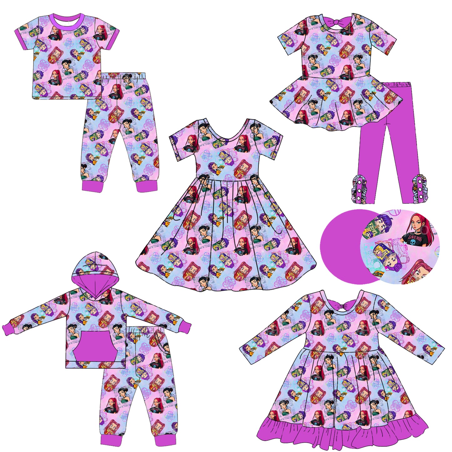 (Custom Design Preorder MOQ 5 Each Item) Cartoon KPOP Character Purple Print Girls Matching Clothes