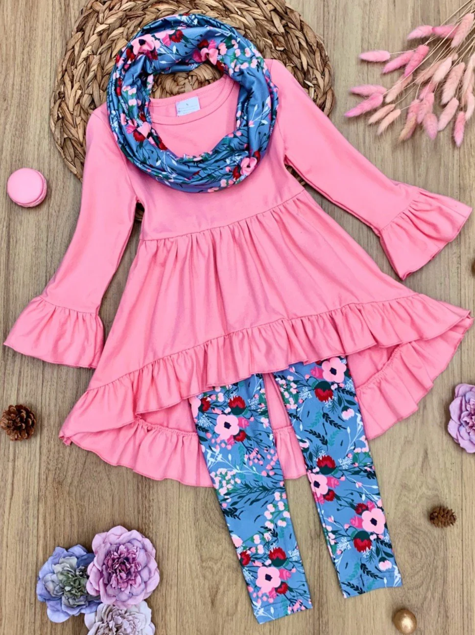 (Custom Design Preorder MOQ 5) Pink Tunic Top Flowers Pants Girls Fall 3 Pieces Clothes Set